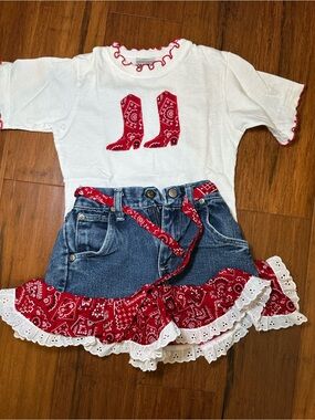 White Tee with Red Cowboy Boots Applique & Wrangler Denim Skirt Set